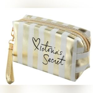 Victoria's Secret Metallic Gold and White Striped Cosmetic Bag